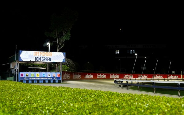 An empty Australian racetrack and running rail at dusk after the last race