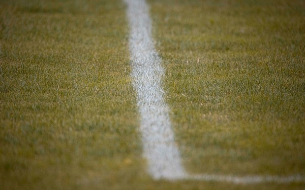 An oval football resting on mown turf beside a boundary line at dusk