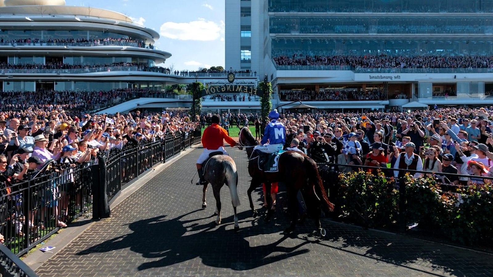Tiers of adult spectators in a full grandstand on an Australian race day, seen from track level